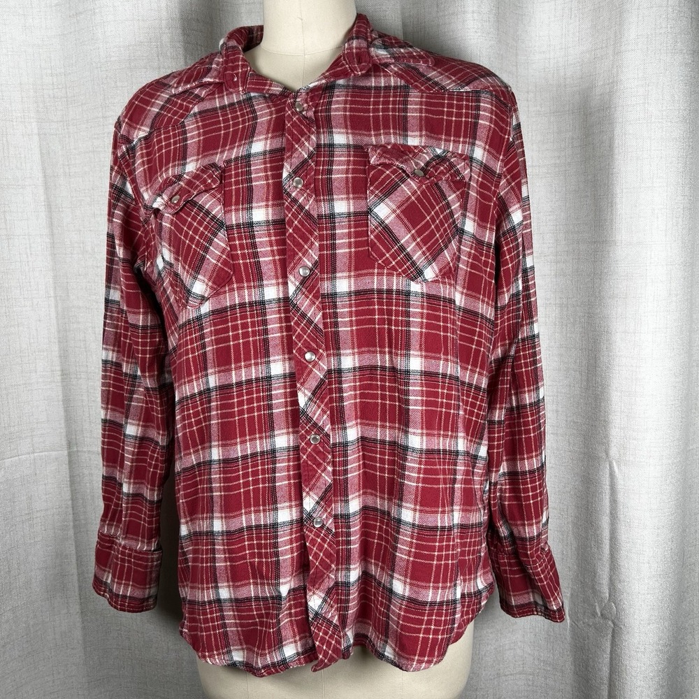 Wrangler Wrancher Men Large Red Plaid Style Casual Long Sleeve Western Shirt